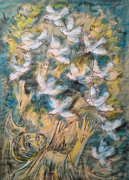 Die Vogelpredigt-ein Gleichnis der Auferstehung 2025, Acryl auf Papier 100x70